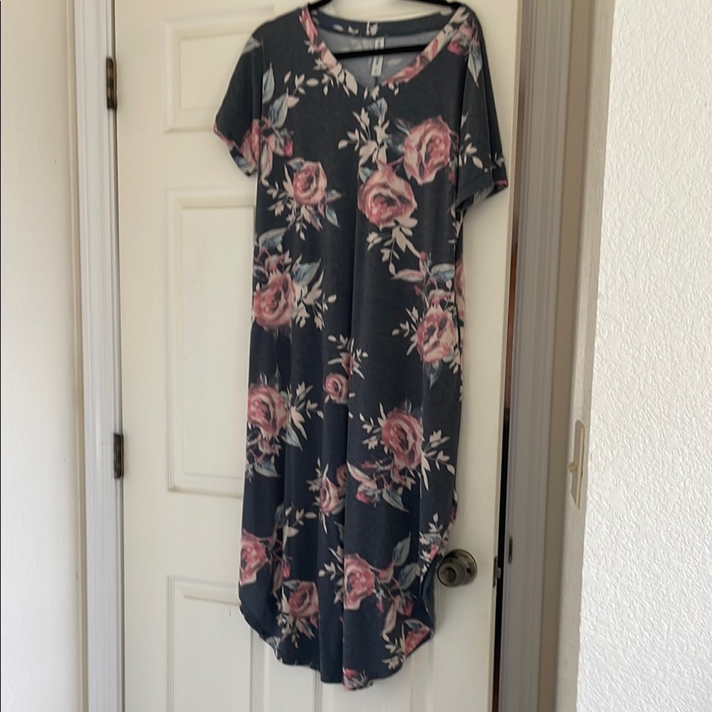 Blue and Black Floral Midi Dress with Asymmetrical Hem